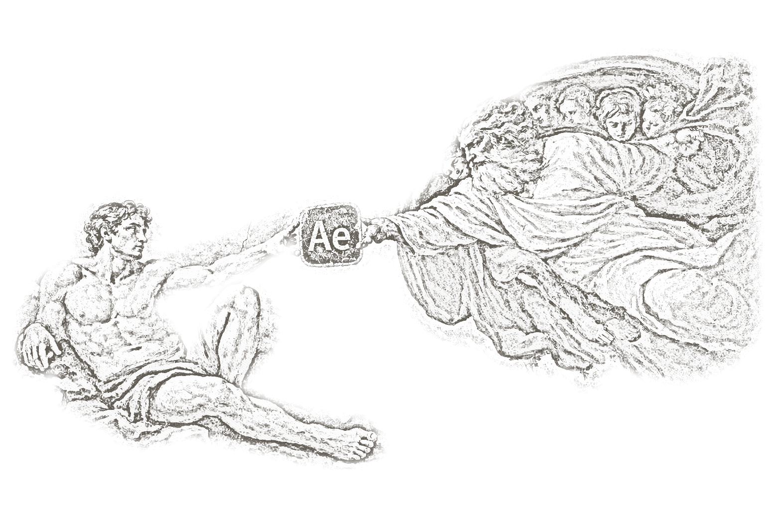 Graphite-style drawing of two figures reaching toward an After Effects icon